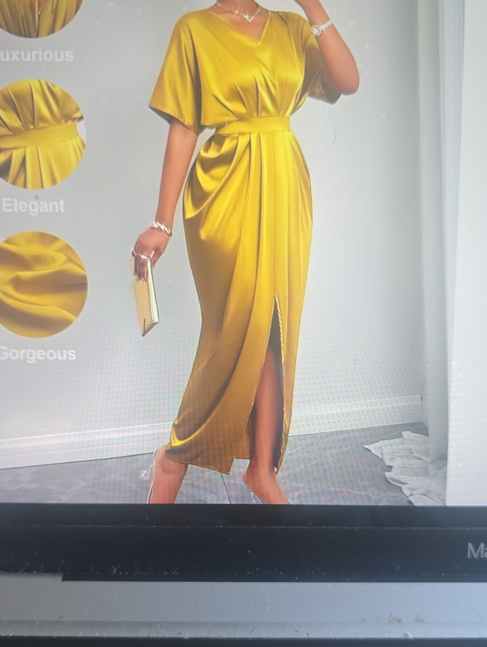 Golden Satin V-Neck Wrap Dress